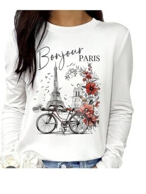 New Bonjour Paris Floral Bicycle White Graphic Long-Sleeve Top Sz.XXL